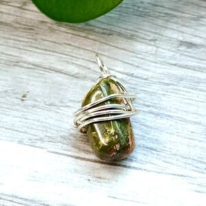 Dainty Unakite Crystal Pendant, Silver Wire Wrapped, 3/4" Minimalist